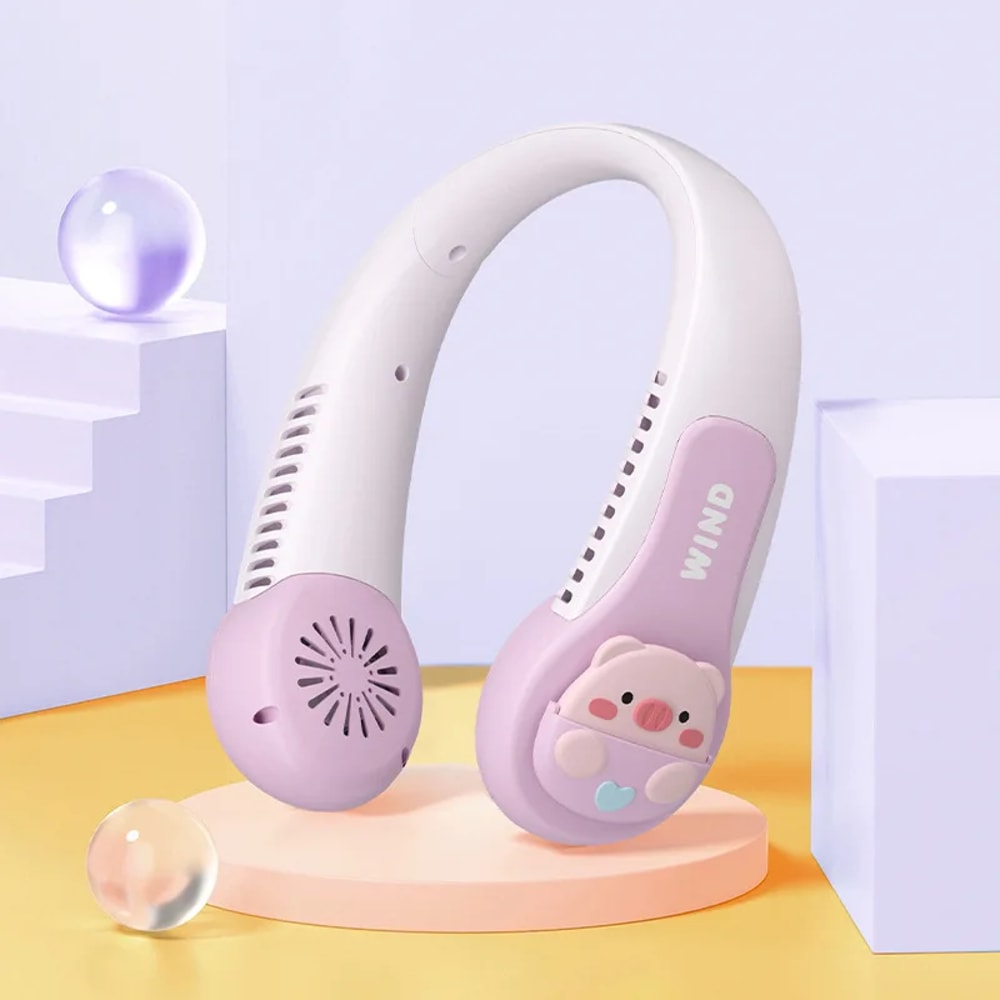 Cute Pink Pig Portable Neck Fan, Dinosaur Bladeless Fan, Speeds Rechargeable Wearable Personal USB Neck Fan