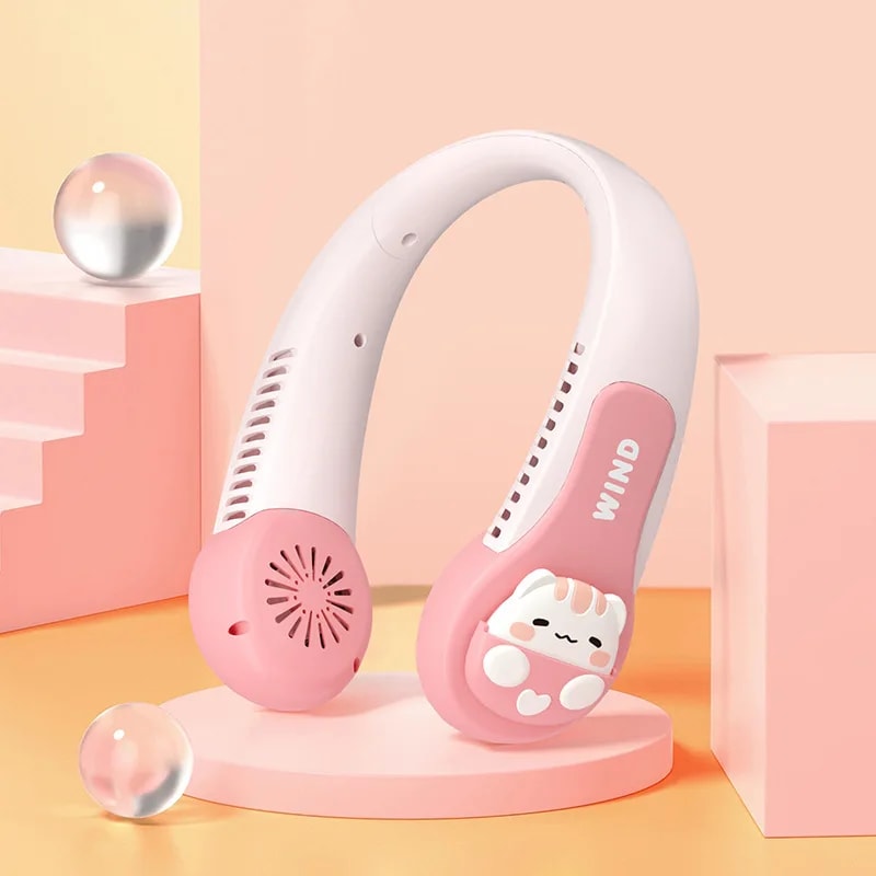 Cute Pink Pig Portable Neck Fan, Dinosaur Bladeless Fan, Speeds Rechargeable Wearable Personal USB Neck Fan