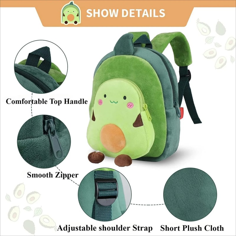 Mini Plushie Avocado Pumpkin Strawberry Backpack, Cute Cartoon Toddlers Schoolbag for Kids, Kindergarten Bookbag