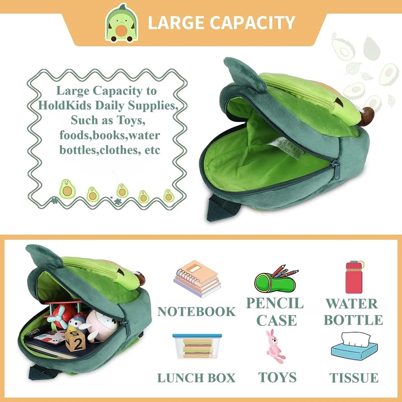 Mini Plushie Avocado Pumpkin Strawberry Backpack, Cute Cartoon Toddlers Schoolbag for Kids, Kindergarten Bookbag