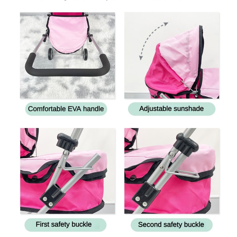 Folding Baby Doll Stroller, Role Play House Doll Accessories, Foldable Pram for Boys and Girls