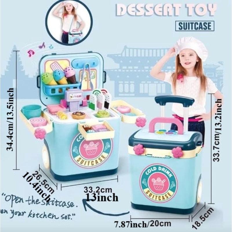 Pretend Play Ice Cream Shop Set Suitcase Dessert Cart Toys Storage Trolley Table Fun Gift For Kids 1