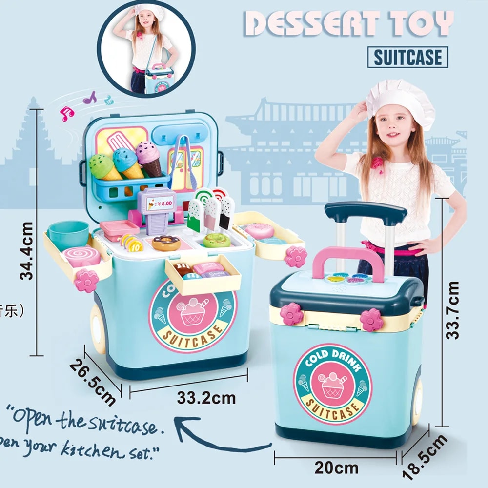 Pretend Play Ice Cream Shop Set Suitcase Dessert Cart Toys Storage Trolley Table Fun Gift For Kids 6