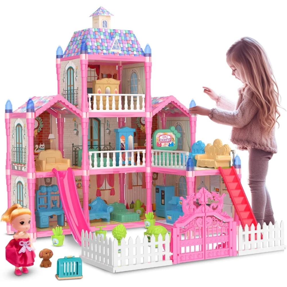 Princess Playhouse Set, Luminous Doll House Dreamhouse for Girls with Dolls, Furniture & Pretend Play Accessories