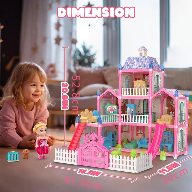 Princess Playhouse Set, Luminous Doll House Dreamhouse for Girls with Dolls, Furniture & Pretend Play Accessories