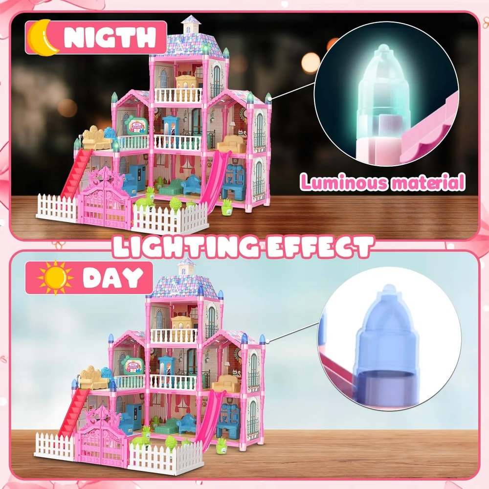 Princess Playhouse Set, Luminous Doll House Dreamhouse for Girls with Dolls, Furniture & Pretend Play Accessories