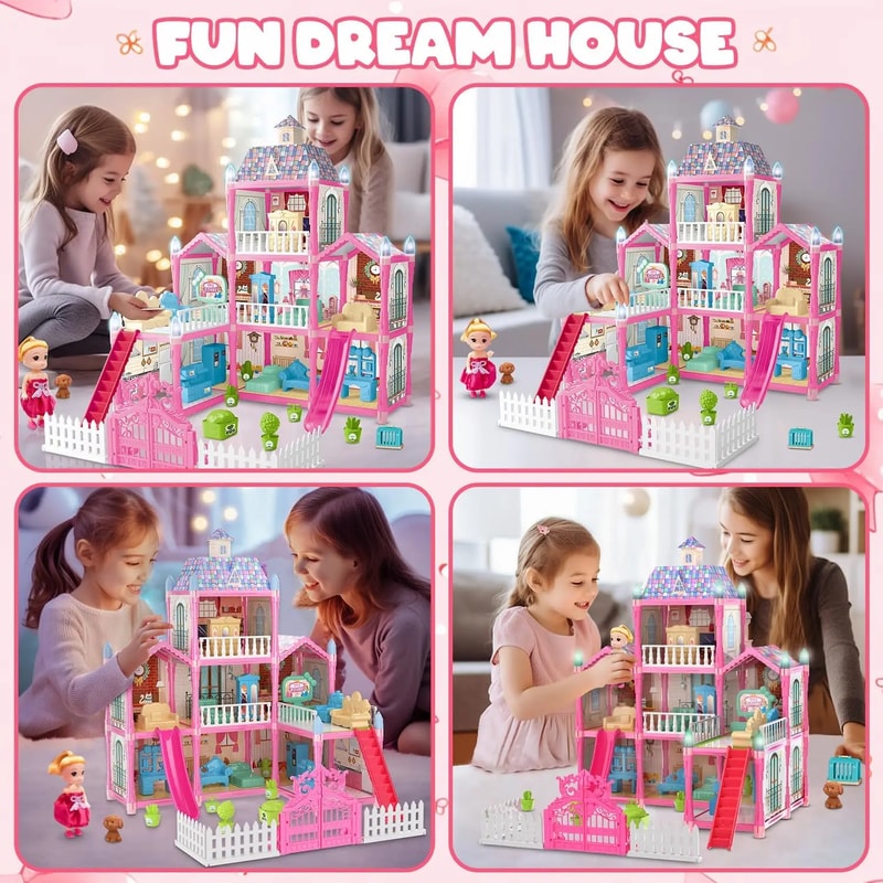Princess Playhouse Set, Luminous Doll House Dreamhouse for Girls with Dolls, Furniture & Pretend Play Accessories