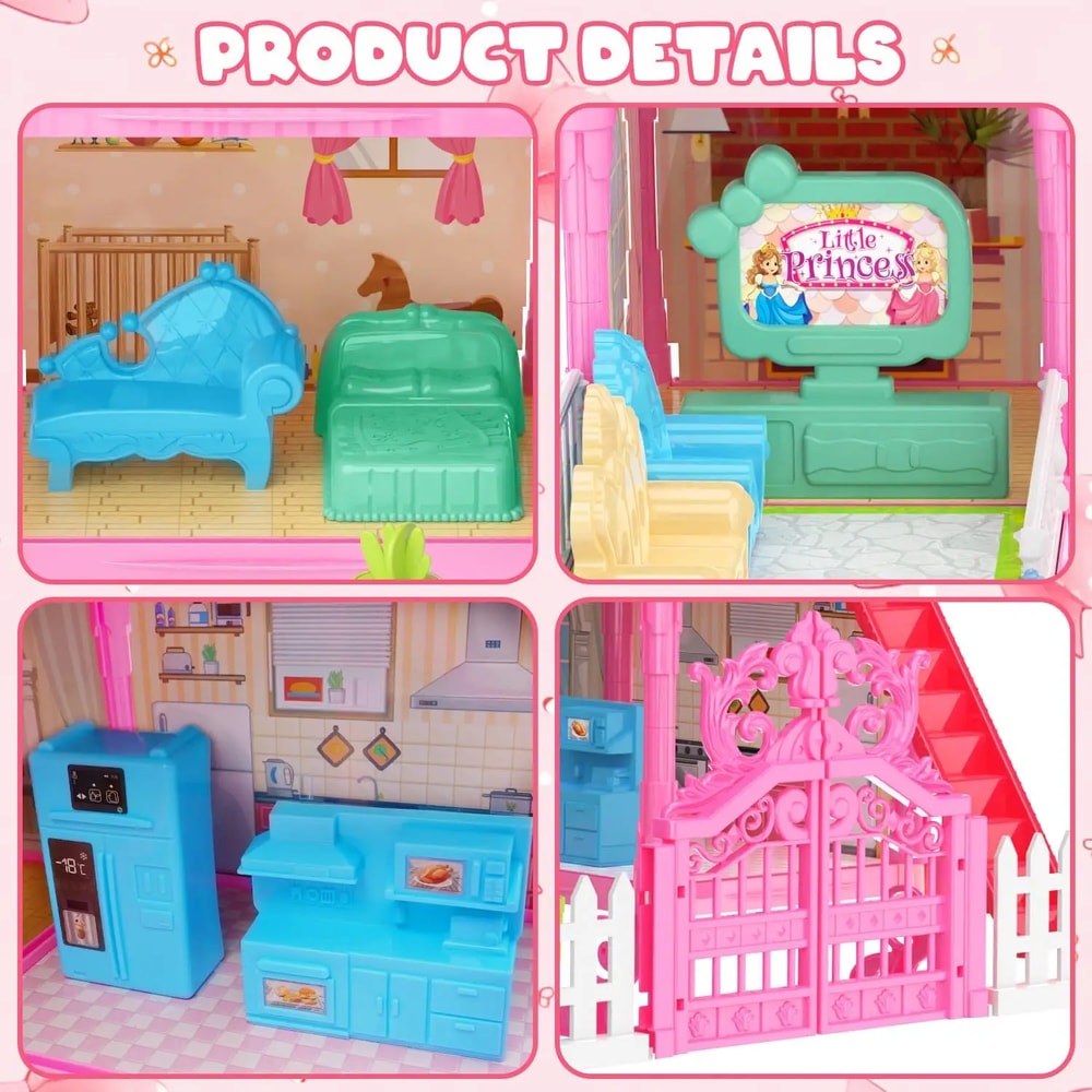 Princess Playhouse Set, Luminous Doll House Dreamhouse for Girls with Dolls, Furniture & Pretend Play Accessories