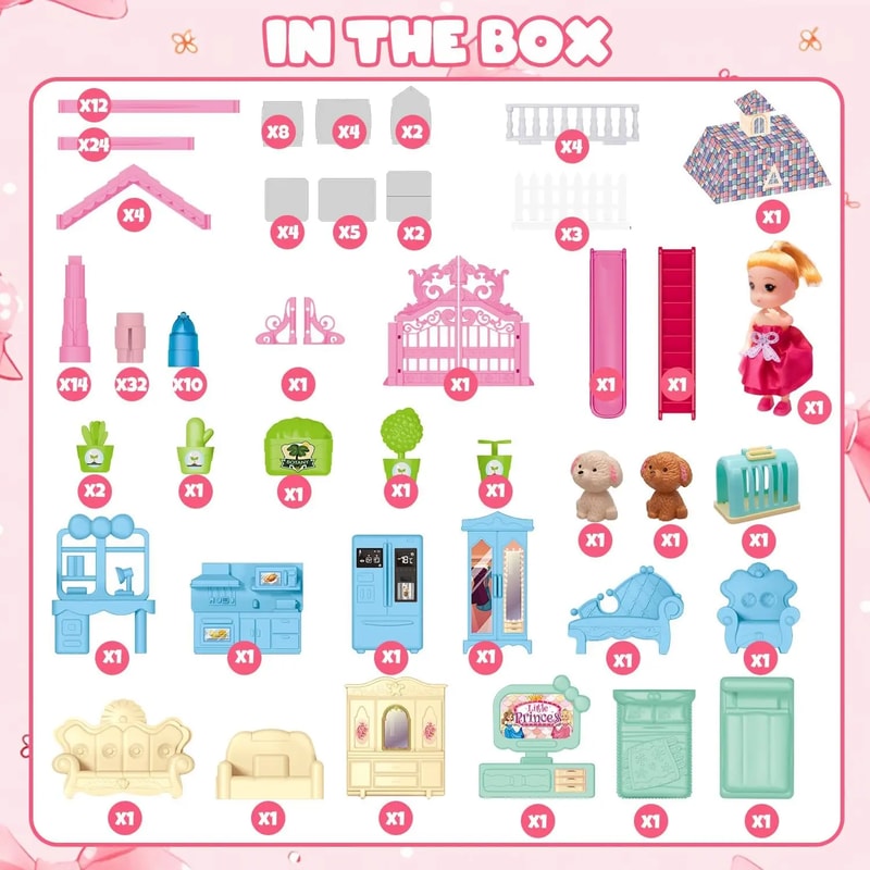Princess Playhouse Set, Luminous Doll House Dreamhouse for Girls with Dolls, Furniture & Pretend Play Accessories
