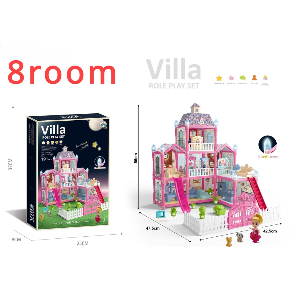 Princess Playhouse Set, Luminous Doll House Dreamhouse for Girls with Dolls, Furniture & Pretend Play Accessories