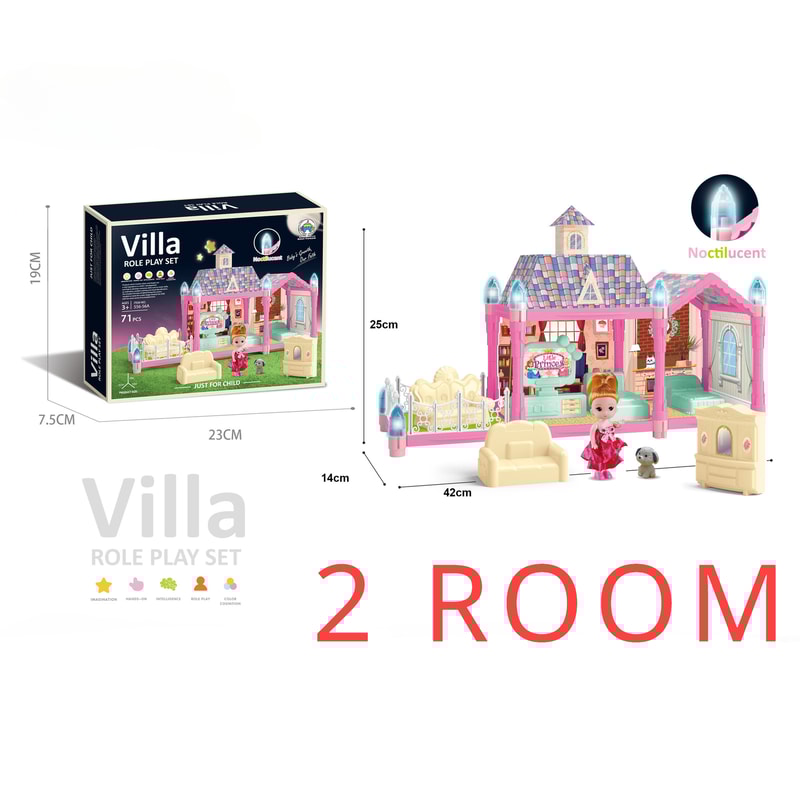 Princess Playhouse Set, Luminous Doll House Dreamhouse for Girls with Dolls, Furniture & Pretend Play Accessories