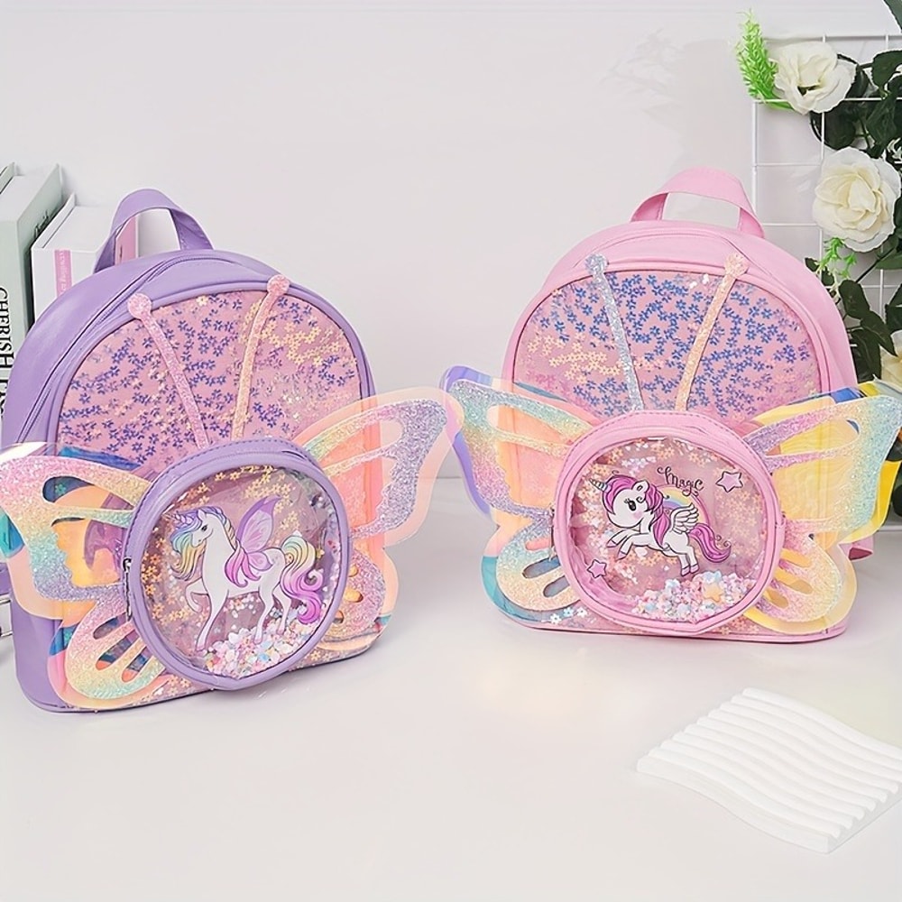 Girls Cartoon Unicorn Sequin Schoolbag, Transparent Butterfly Wings Backpack for Toddlers, Waterproof Bookbag