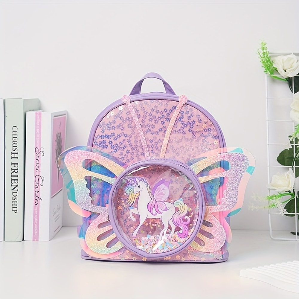 Girls Cartoon Unicorn Sequin Schoolbag, Transparent Butterfly Wings Backpack for Toddlers, Waterproof Bookbag