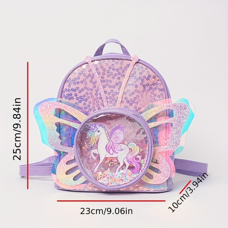 Girls Cartoon Unicorn Sequin Schoolbag, Transparent Butterfly Wings Backpack for Toddlers, Waterproof Bookbag