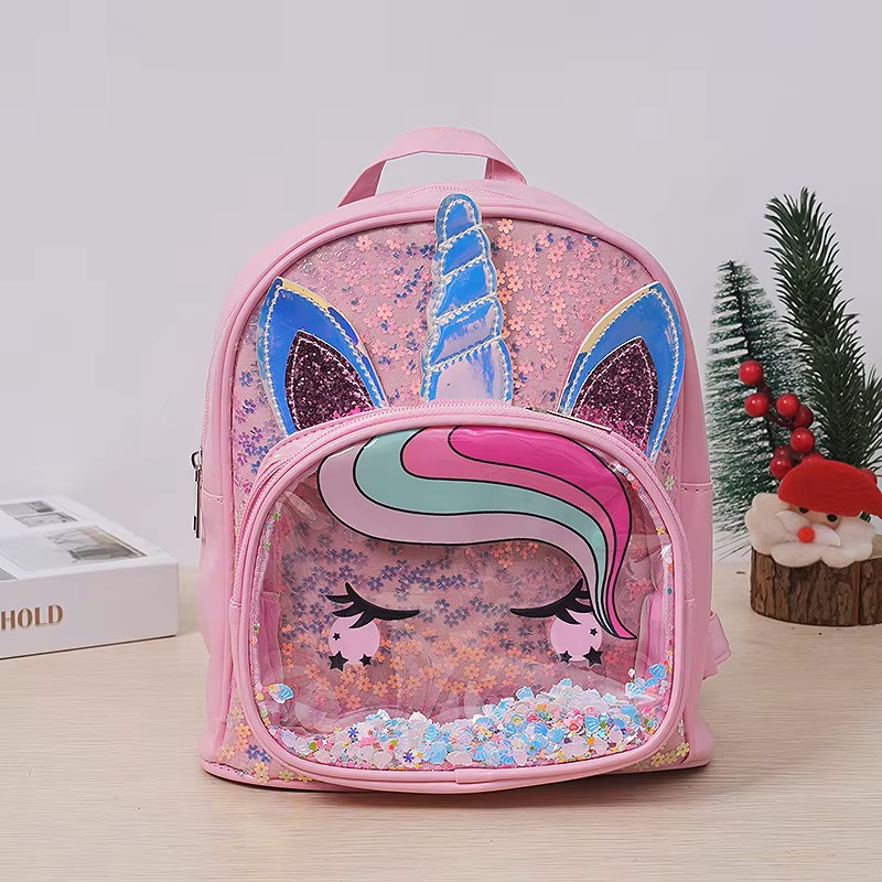 Girls Cartoon Unicorn Sequin Schoolbag, Transparent Butterfly Wings Backpack for Toddlers, Waterproof Bookbag