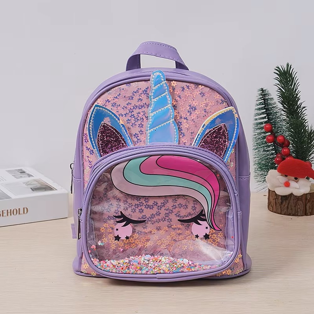 Girls Cartoon Unicorn Sequin Schoolbag, Transparent Butterfly Wings Backpack for Toddlers, Waterproof Bookbag