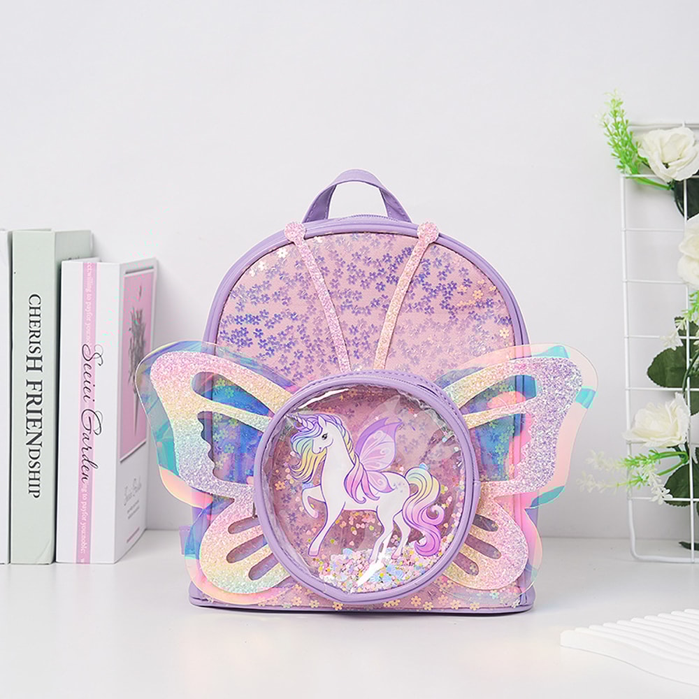 Girls Cartoon Unicorn Sequin Schoolbag, Transparent Butterfly Wings Backpack for Toddlers, Waterproof Bookbag