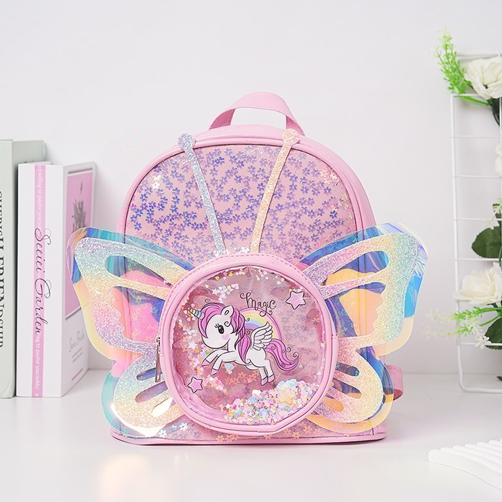 Girls Cartoon Unicorn Sequin Schoolbag, Transparent Butterfly Wings Backpack for Toddlers, Waterproof Bookbag