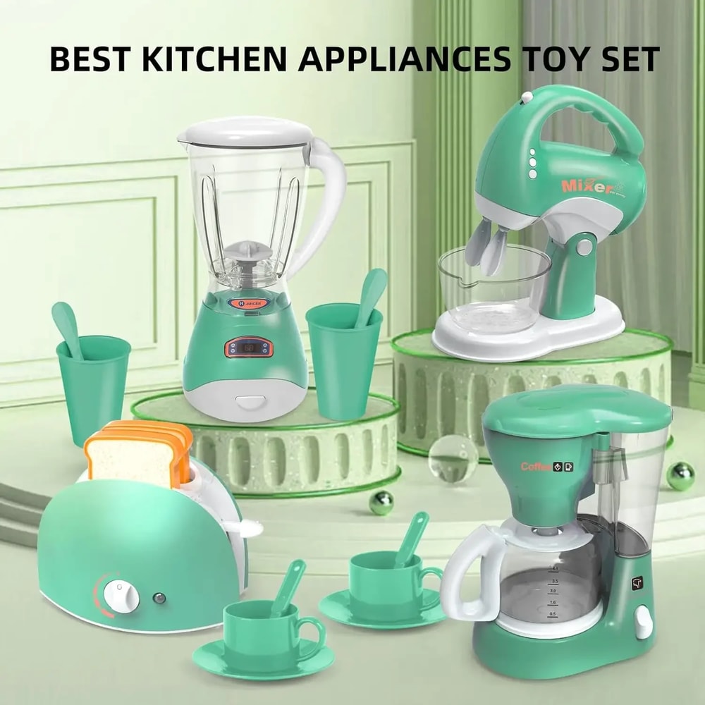 Kids Kitchen Playset with Sound & Light, Coffee Maker, Toaster, Blender, Mixer, Pretend Play Appliance Set