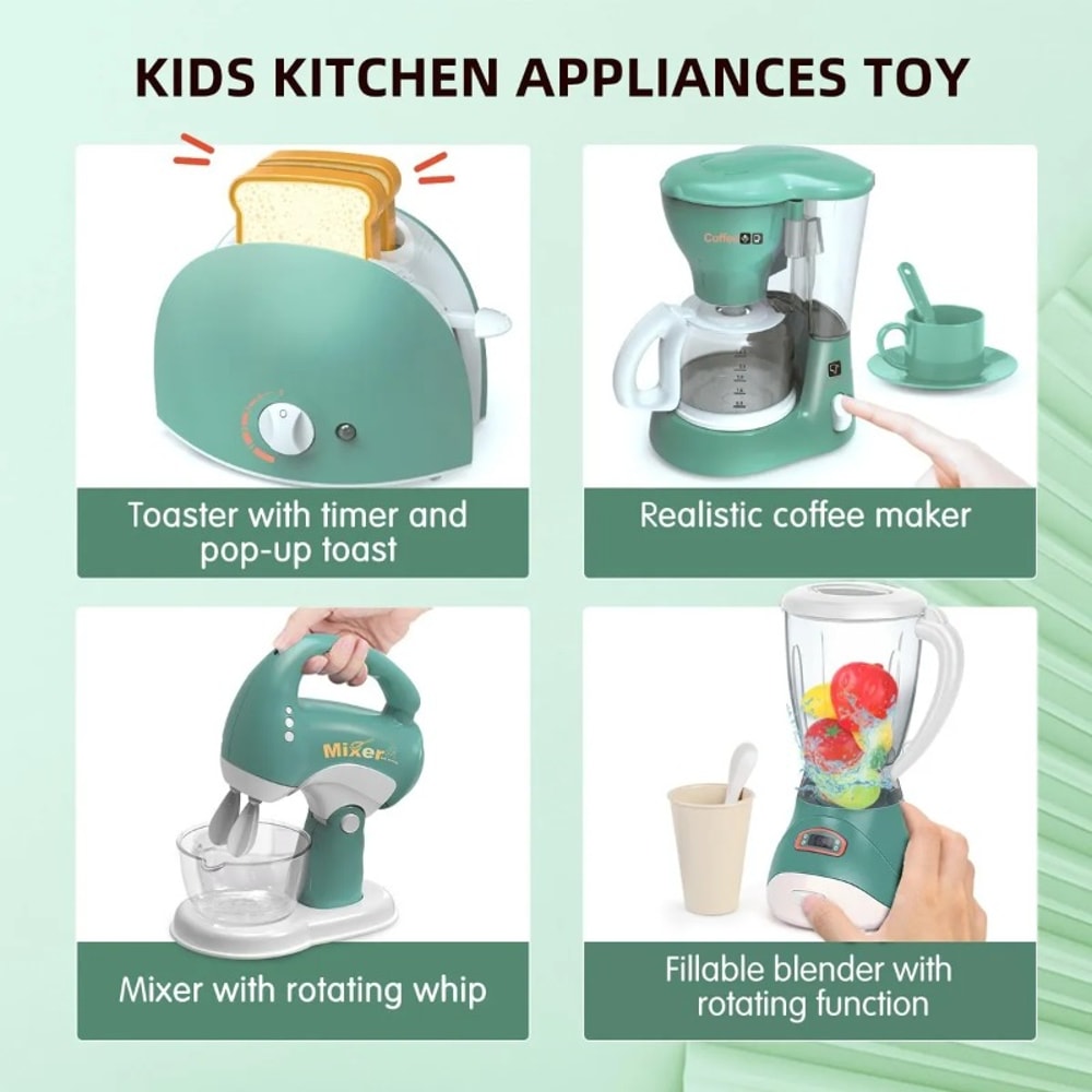 Kids Kitchen Playset with Sound & Light, Coffee Maker, Toaster, Blender, Mixer, Pretend Play Appliance Set