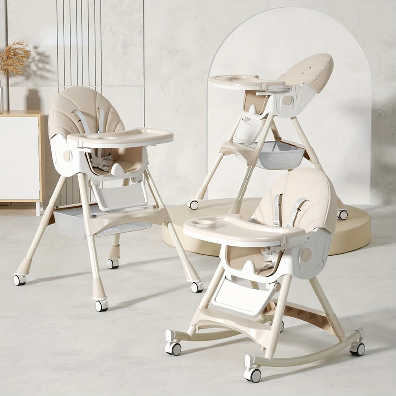 Foldable Baby High Chair, Convertible Infant Chair, Rocking Chair with Lockable Wheels