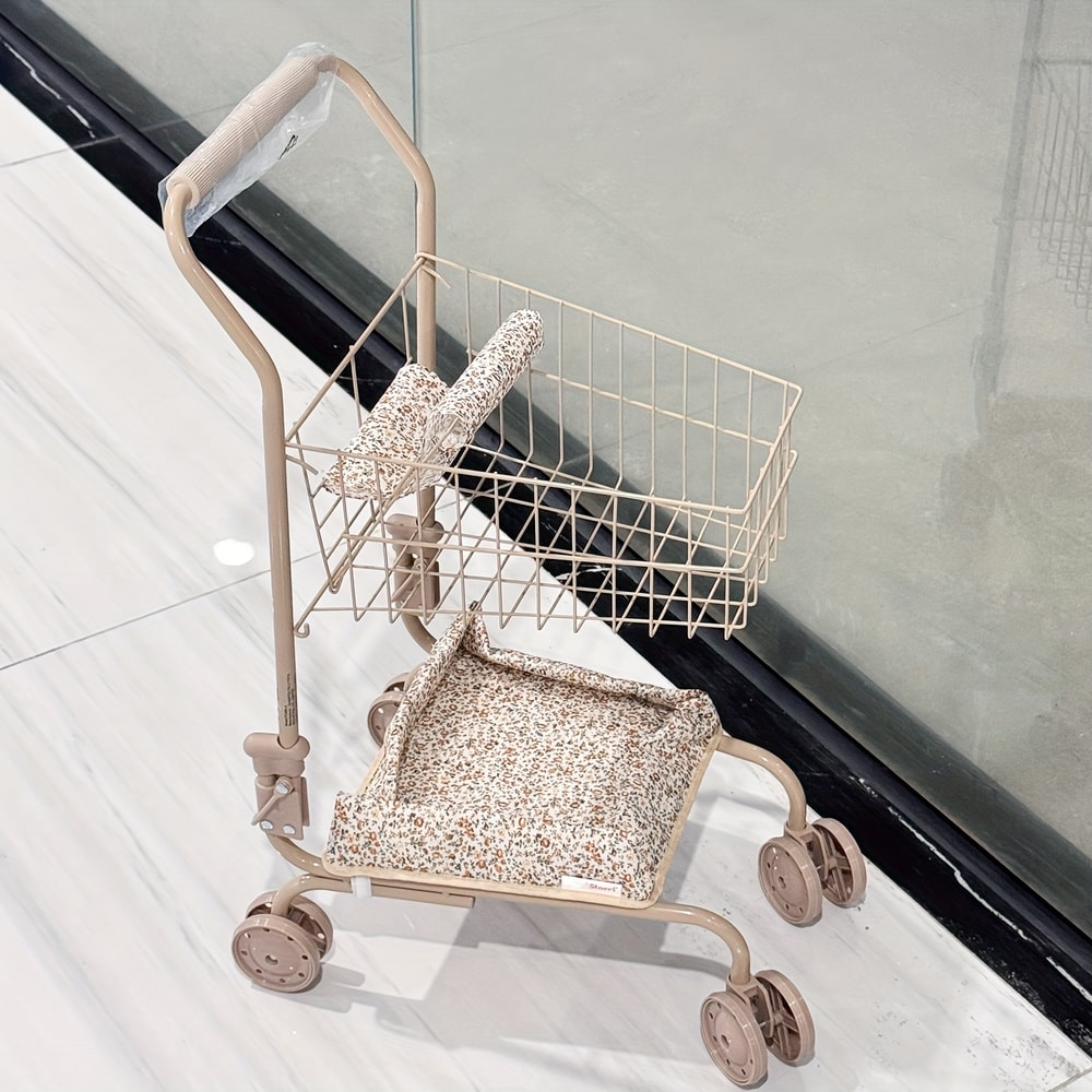 Shopping Cart Toy with Storage Bags, Foldable Dollhouse Grocery Cart for Girls, Perfect Christmas Gift for Pretend Play