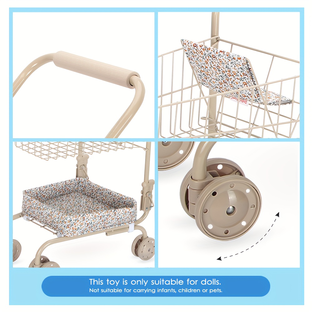 Shopping Cart Toy with Storage Bags, Foldable Dollhouse Grocery Cart for Girls, Perfect Christmas Gift for Pretend Play