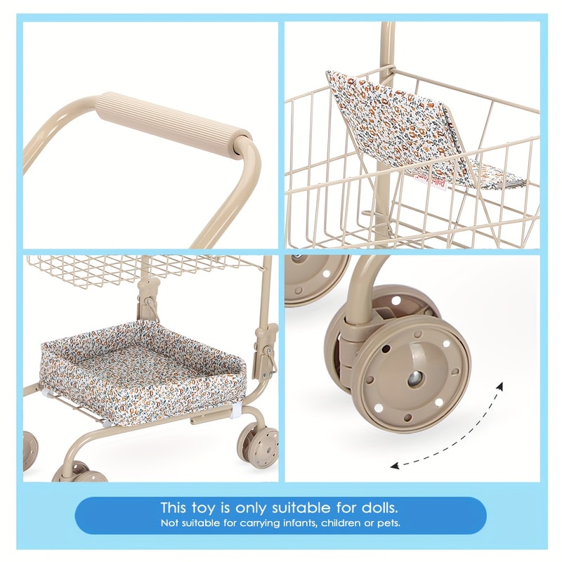 Shopping Cart Toy with Storage Bags, Foldable Dollhouse Grocery Cart for Girls, Perfect Christmas Gift for Pretend Play
