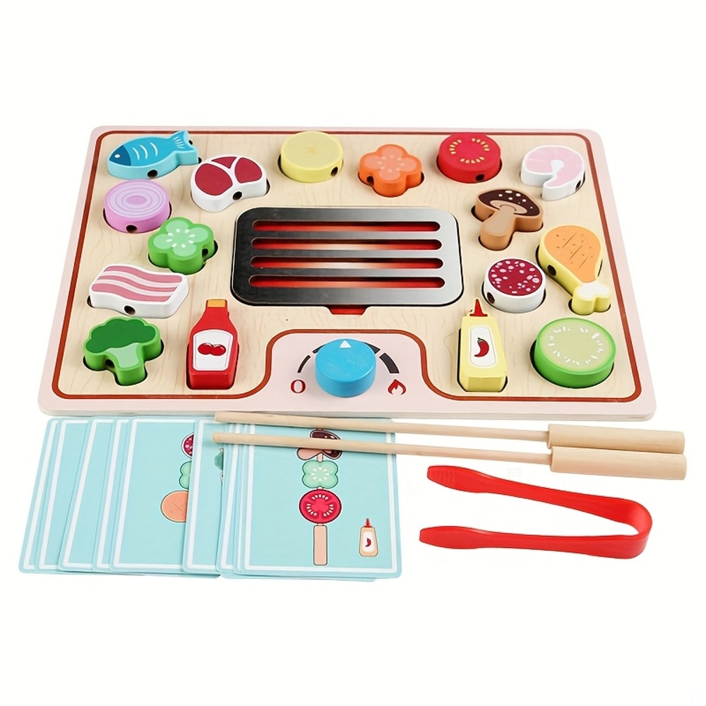Wooden BBQ Grill Serve Toy Montessori Cooking Playset For Kids Pretend Food Kitchen Gift For Boys 4