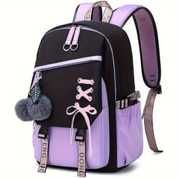 cute girls backpack, large capacity schoolbag with plush pendant, waterproof nylon fabric bookbag for teens, kids, stude