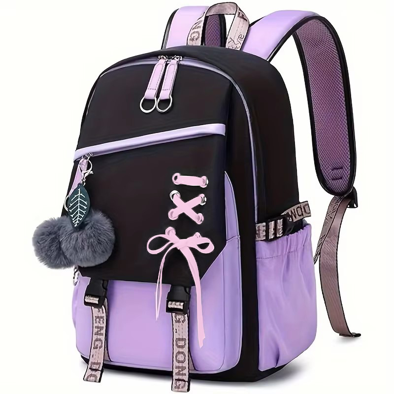 Cute Girls Backpack, Large Capacity Schoolbag with Plush Pendant, Waterproof Nylon Fabric Bookbag for Teens, Kids, Stude