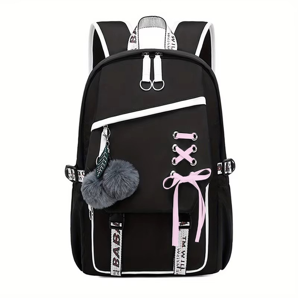 Cute Girls Backpack, Large Capacity Schoolbag with Plush Pendant, Waterproof Nylon Fabric Bookbag for Teens, Kids, Stude