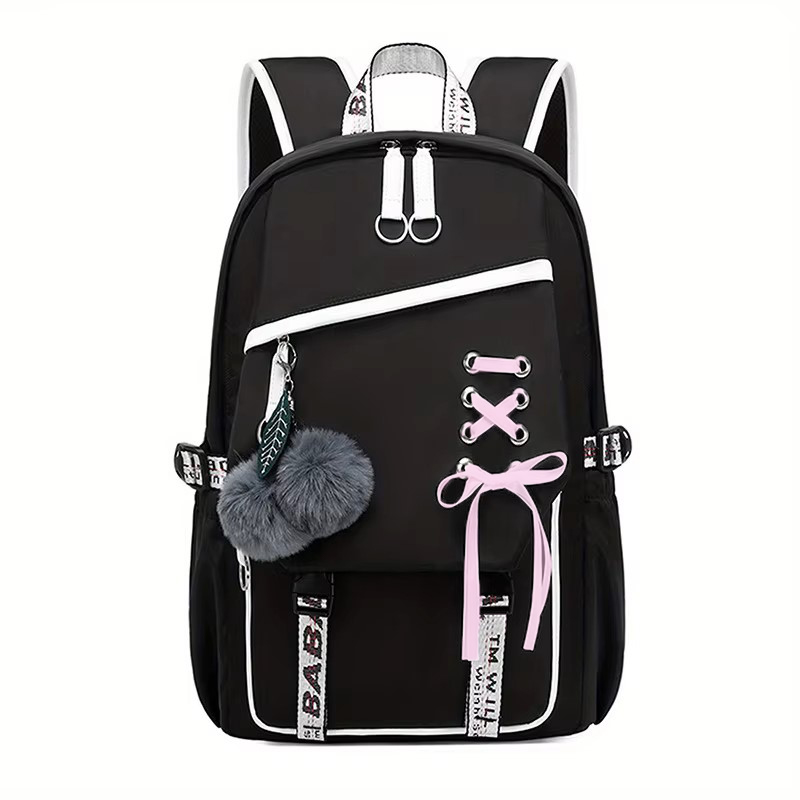 Cute Girls Backpack, Large Capacity Schoolbag with Plush Pendant, Waterproof Nylon Fabric Bookbag for Teens, Kids, Stude