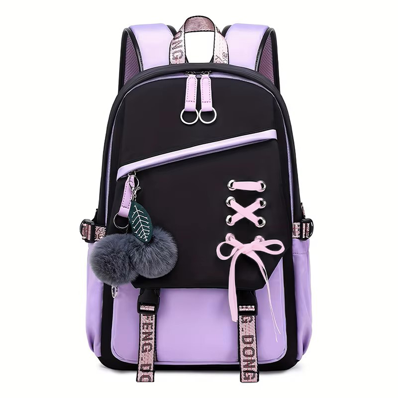 Cute Girls Backpack, Large Capacity Schoolbag with Plush Pendant, Waterproof Nylon Fabric Bookbag for Teens, Kids, Stude