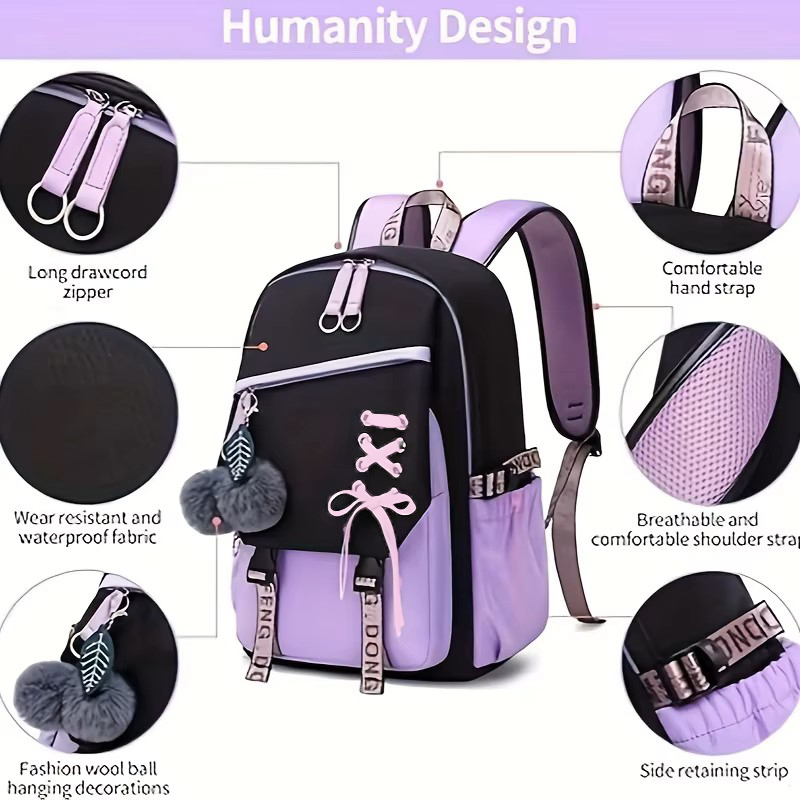 Cute Girls Backpack, Large Capacity Schoolbag with Plush Pendant, Waterproof Nylon Fabric Bookbag for Teens, Kids, Stude