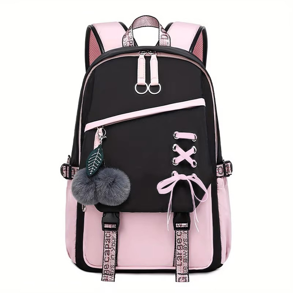 Cute Girls Backpack, Large Capacity Schoolbag with Plush Pendant, Waterproof Nylon Fabric Bookbag for Teens, Kids, Stude