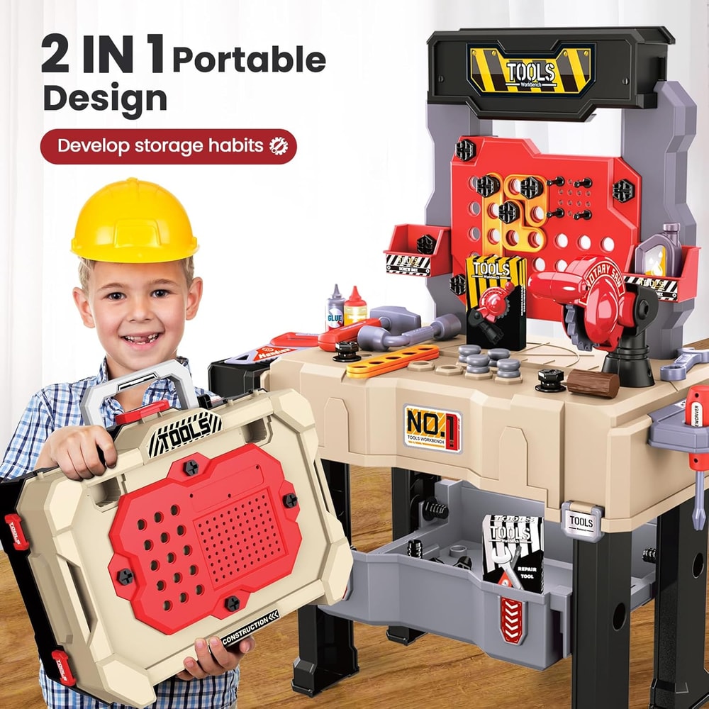 Kids Tool Bench Set, Large Construction Workbench with Saw, Screw Miter, Pretend Play Toys for Boys & Girls
