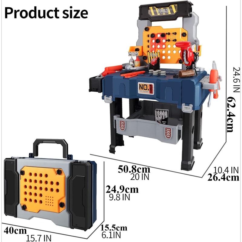 Kids Tool Bench Set, Large Construction Workbench with Saw, Screw Miter, Pretend Play Toys for Boys & Girls