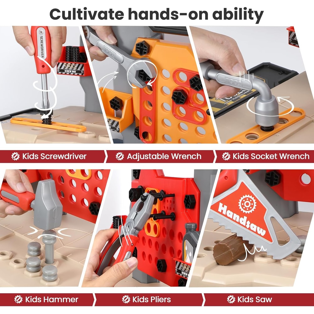 Kids Tool Bench Set, Large Construction Workbench with Saw, Screw Miter, Pretend Play Toys for Boys & Girls