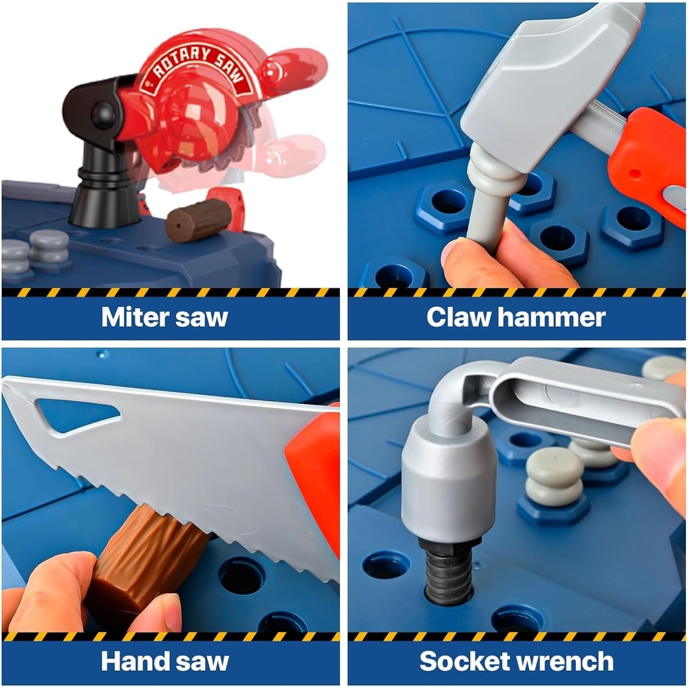 Kids Tool Bench Set, Large Construction Workbench with Saw, Screw Miter, Pretend Play Toys for Boys & Girls