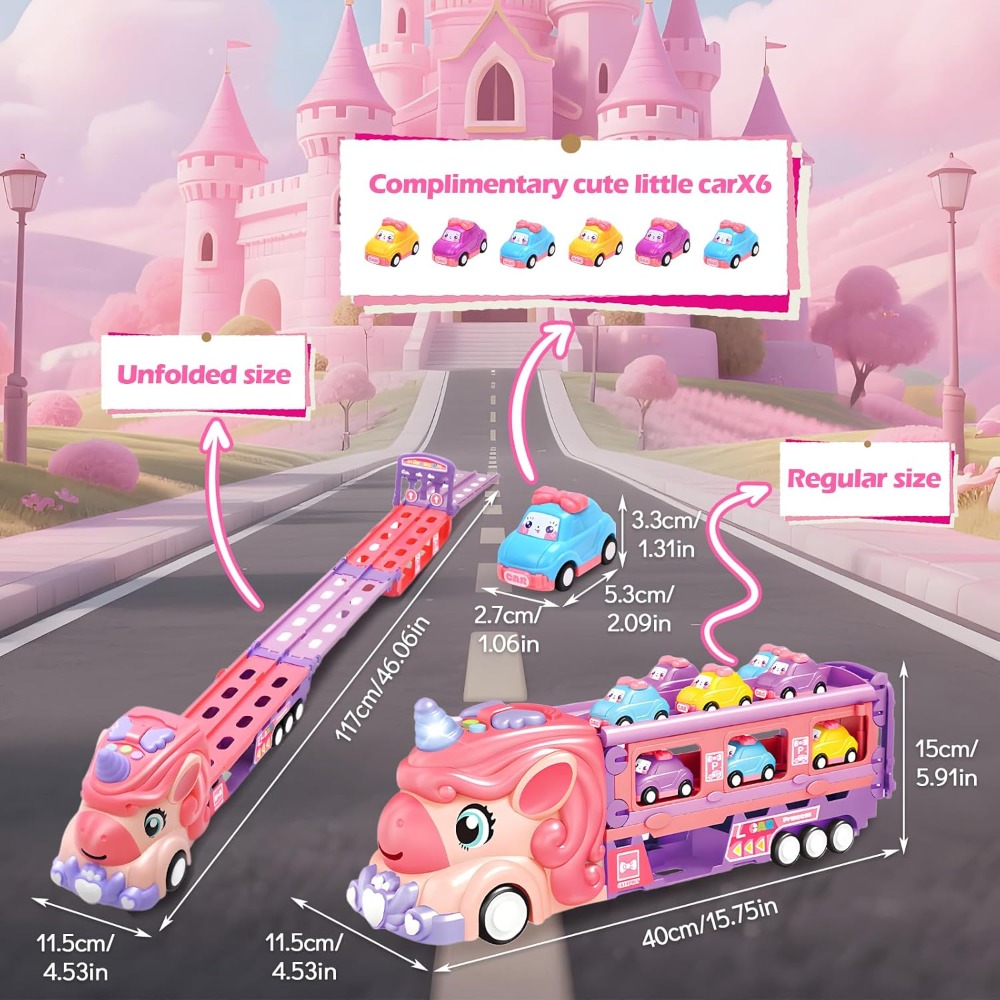Unicorn Truck Car Toys for Toddler Girl, Foldable Race Track with Light & Sound, Friction Power Princess Car Gift for