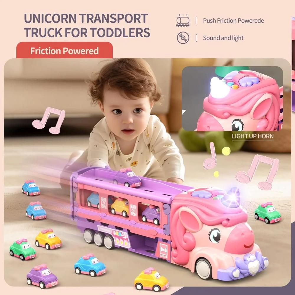 Unicorn Truck Car Toys for Toddler Girl, Foldable Race Track with Light & Sound, Friction Power Princess Car Gift for