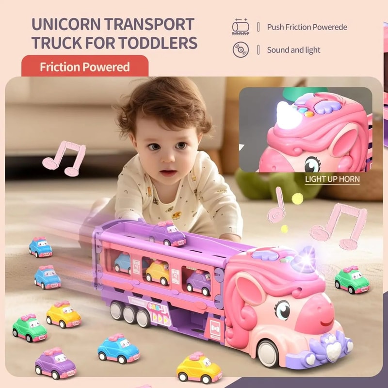 Unicorn Truck Car Toys for Toddler Girl, Foldable Race Track with Light & Sound, Friction Power Princess Car Gift for