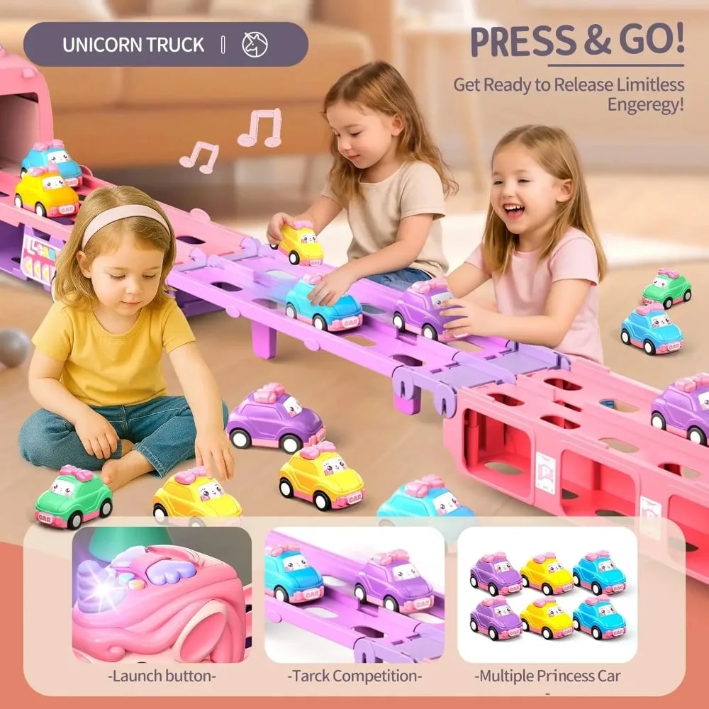 Unicorn Truck Car Toys for Toddler Girl, Foldable Race Track with Light & Sound, Friction Power Princess Car Gift for