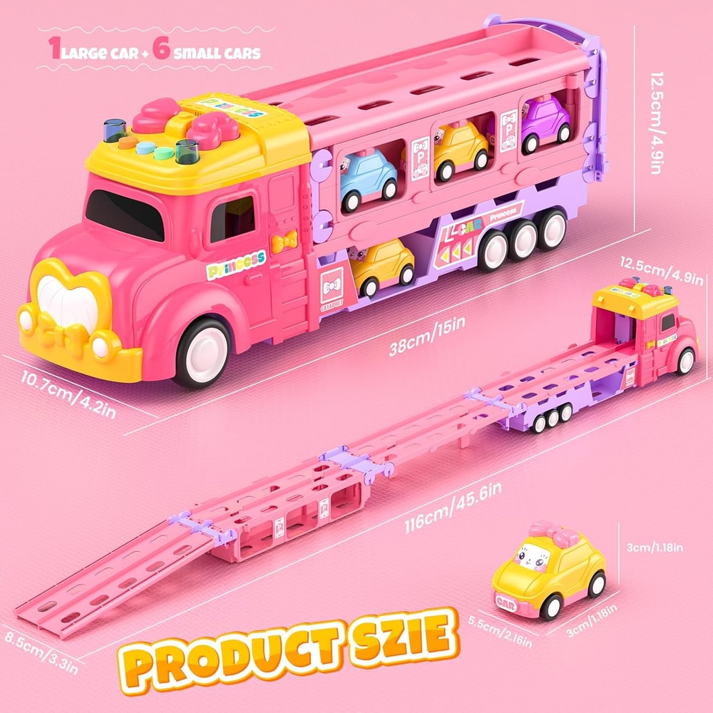 Unicorn Truck Car Toys for Toddler Girl, Foldable Race Track with Light & Sound, Friction Power Princess Car Gift for