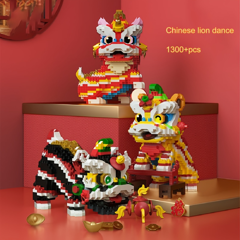 Chinese Style Lion Dance Ornaments Toy, Creative Building Blocks Small Particle Assembled Toys