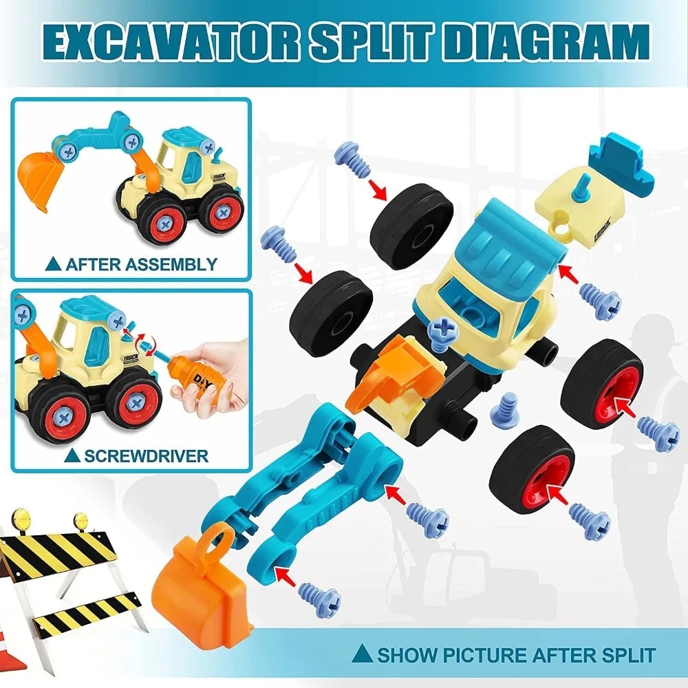 DIY Take Apart Car Toys for Boys, Engineering Construction Truck, Excavator Crane Vehicle, Educational Building Gift