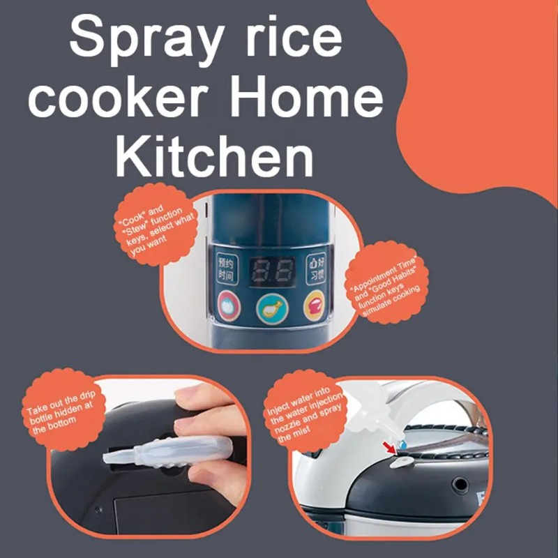 Kids Pretend Play Kitchen Toys Set, Rice Cooker Simulated Voice Spray, Educational Toy Gifts for Children