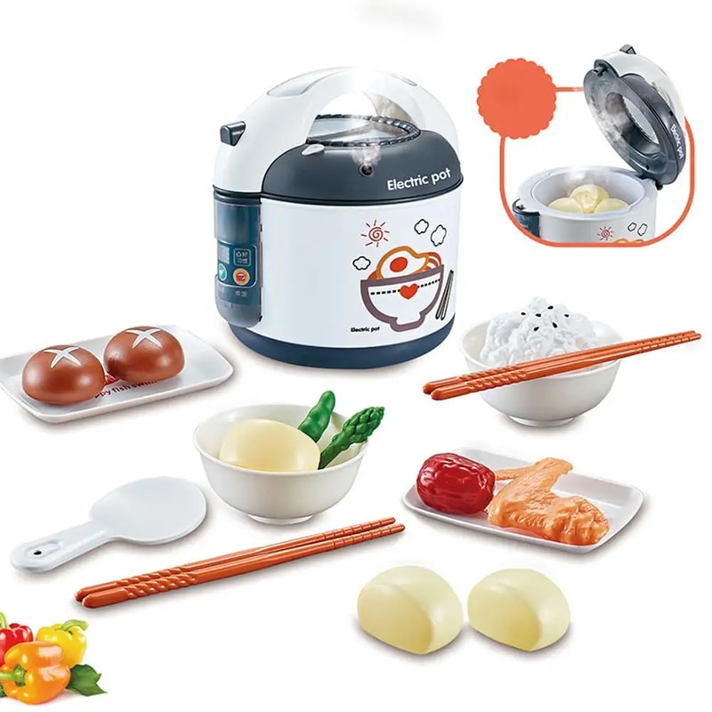 Kids Pretend Play Kitchen Toys Set, Rice Cooker Simulated Voice Spray, Educational Toy Gifts for Children