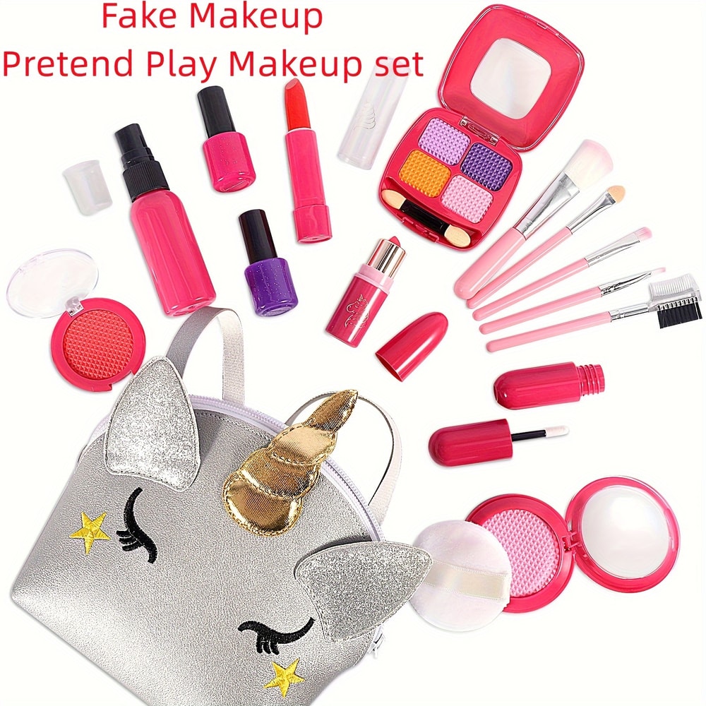 Toddler Makeup Kit, Girl Pretend Makeup for Little Girls with Unicorn Purse Bag